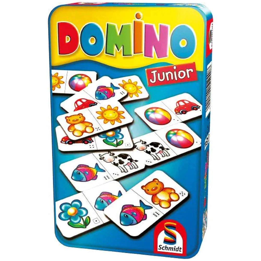 Domino Junior box features vibrant colors and cartoon imagery, designed to attract children's attention for fun gameplay.