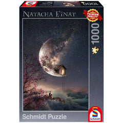 Schmidt Spiele Dream Whispers puzzle features a serene night scene with a full moon, a cabin, and a person gazing at the sky.
