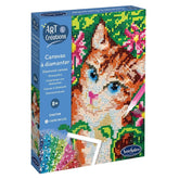 Sentosphere Diamond Canvas Kit features a colorful cat design on a canvas, showcased through a clear plastic window.
