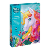Sentosphere Arts-Creations-Diamond-Canvas features a vibrant unicorn illustration on a blue box, highlighting colorful patter