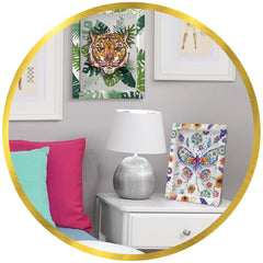 Sentosphere's Sequins Tiger collection features vibrant artwork of a tiger, complemented by a colorful pillow in a cozy inter