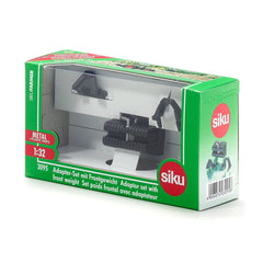 Siku adaptor set and front weight toy in green packaging with a clear window, featuring black and gray components inside.