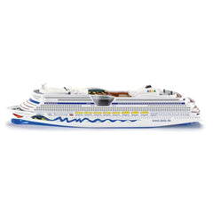 AIDA Cruiseliner model in white with blue and yellow accents, showcasing detailed hull and superstructure against a white bac