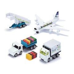 Siku Airport set features glossy plastic toy vehicles including trucks and an airplane, arranged with colorful cargo containe