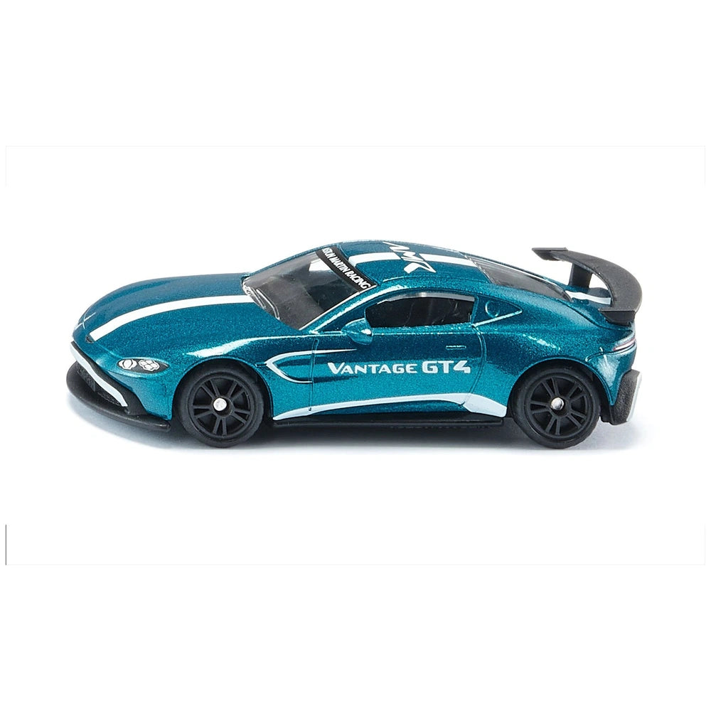 Aston Martin Vantage GT4 toy car in blue with white and black accents, featuring a glossy finish and detailed components.