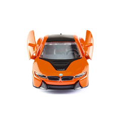 Siku BMW i8 LCI model car in orange with black accents, showcasing an open hood and glossy finish against a light background.