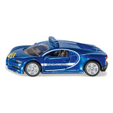 Siku Bugatti Chiron Gendarmerie toy car features a shiny blue finish, sleek design, and multi-spoke black and silver wheels.