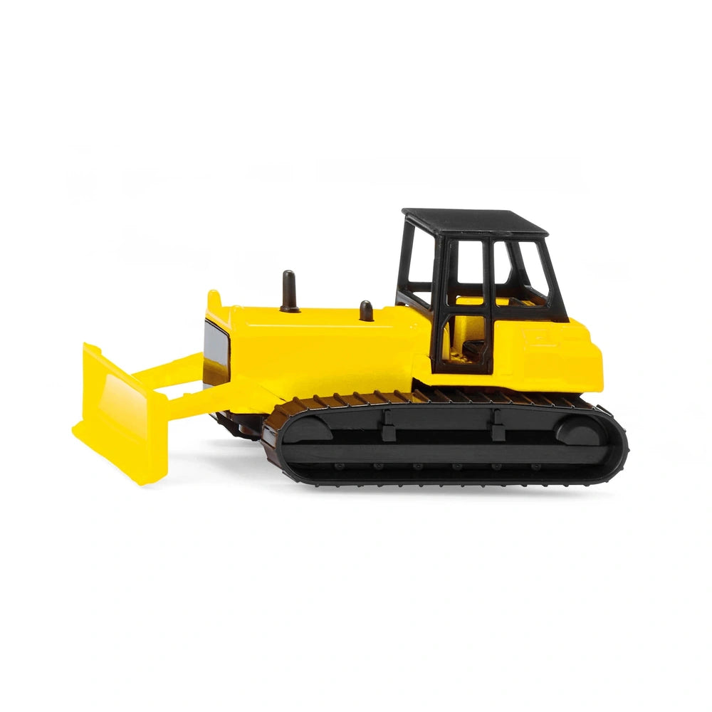 Bulldozer toy in yellow plastic with black tracks and scoop, positioned against a plain white background.