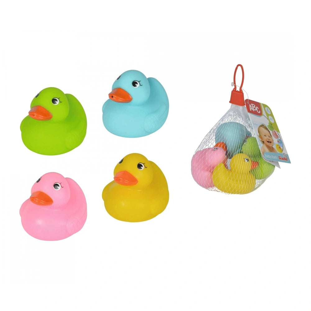 Simba ABC Bathing Ducks collection featuring colorful rubber ducks arranged in a row with a plastic bag of smaller ducks.