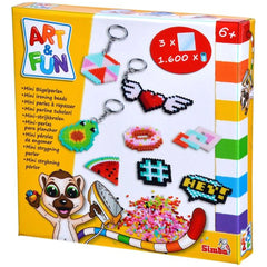 Simba Art & Fun iron-on bead embroidery keychain set in a colorful box featuring a friendly cartoon character.