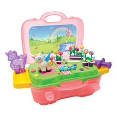 Simba Unicorn Clay Set in Suitcase featuring pink lunch box, toy animals, and picnic accessories in a vibrant fairy tale desi