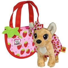 Simba ChiChi LOVE Little Berry plush toy in a pink dress, featuring a red purse with the logo and a cute, cuddly design.