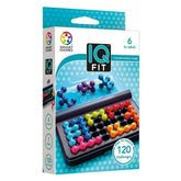 Smart Games IQ Fit packaging features vibrant colors, a plastic window showcasing colorful game pieces, and age recommendatio