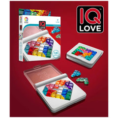 Smart Games IQ Love packaging showcases colorful, clear puzzle pieces designed for various logic challenges.