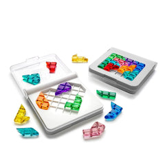 Smart Games IQ Love logic puzzles in a white case with a transparent lid and colorful plastic pieces scattered around.