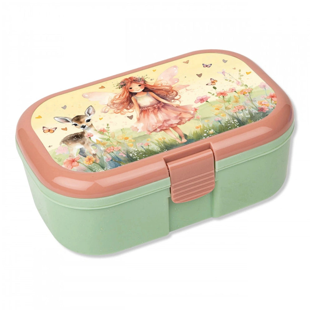 TapirElla Fairy Lunch Box features a light green plastic container with an open lid, showcasing a colorful fairy and deer ill