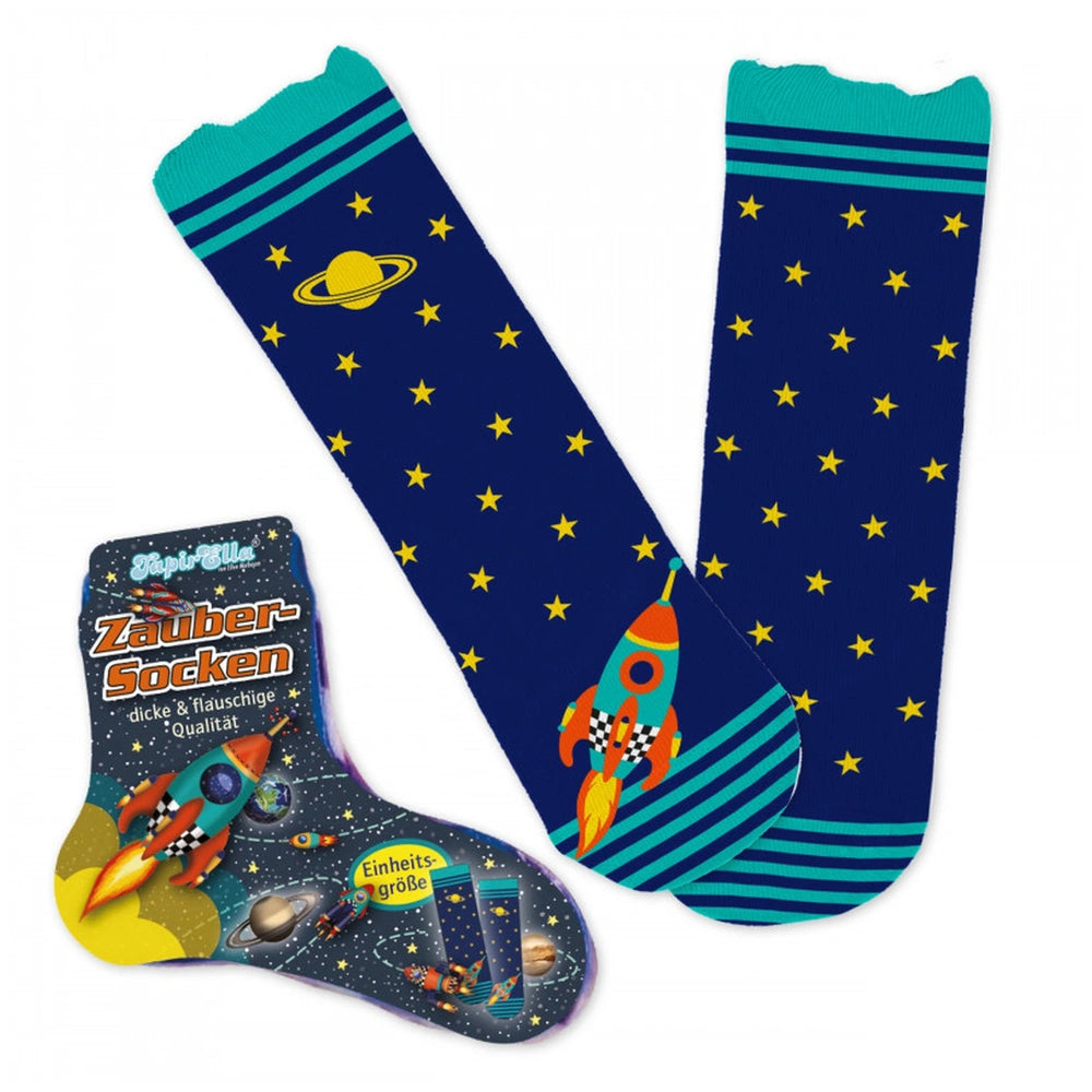TapirElla magic socks Rocket packaging features an orange rocket, yellow stars, and white text on matte blue cardboard.