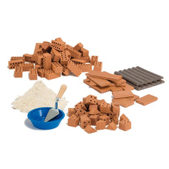 Teifoc accessory set includes brown interlocking bricks, gray boards, a blue bowl with a spatula, and white granular material