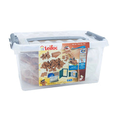 Teifoc creative box contains 145 colorful craft materials and wooden blocks in a clear plastic container with a lid.