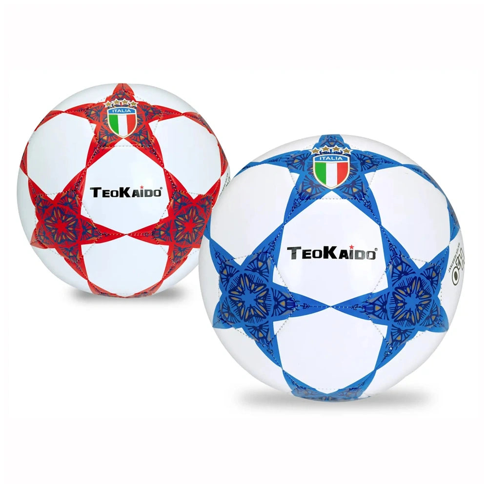 TeoKaido Italia Star Waterproof Footballs in red and white and blue and white patterns, featuring shiny surfaces and star des