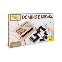 Teorema wooden board games packaging features a printed wooden texture with nails, showcasing "DOMINO E MIKADO" in Italian.