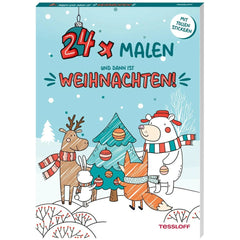 TESSLOFF Advent Calendar Coloring Book features a festive scene with animals around a decorated Christmas tree in a snowy lan