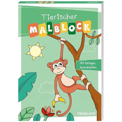 Animal coloring book cover featuring a monkey climbing a tree with a light green background, clouds, and a sun.