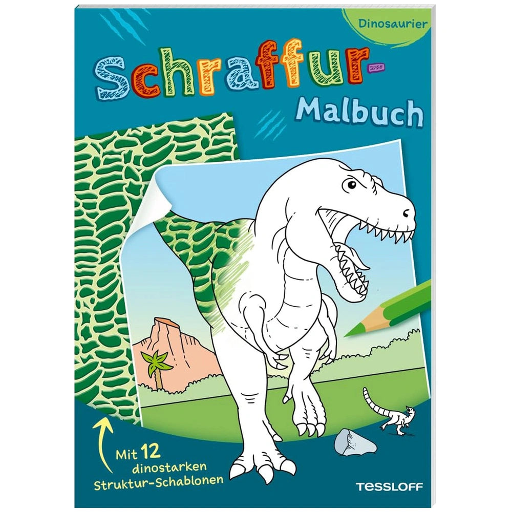 Dinosaur coloring book cover featuring vibrant illustrations, textured green background, and the title "Schraffur Malbuch" in