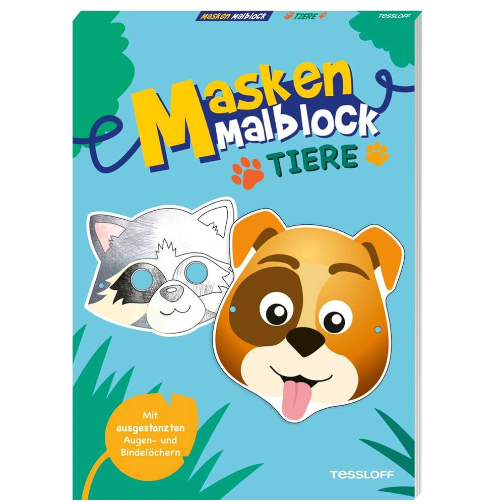 TESSLOFF Mask Coloring Book features a glossy cover with a playful illustration of a smiling cat and dog against a light blue