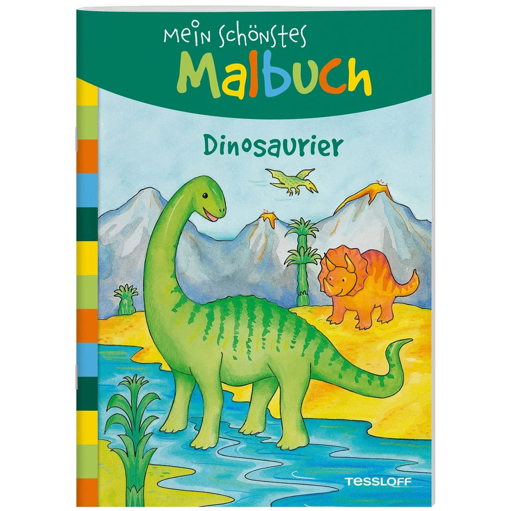 My Most Beautiful Coloring Book features a vibrant dinosaur illustration on a glossy cover, designed for children.