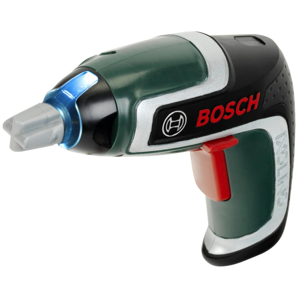 Theo Klein Bosch cordless screwdriver with a green body, black grip, trigger-style nozzle, and clear plastic components.