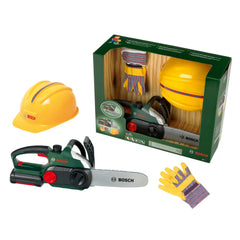 Theo Klein Bosch chainsaw set includes a yellow helmet, yellow and purple gloves, in green cardboard packaging with "3+" age