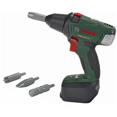 Cordless drill with green body, black accents, textured grip, and "BOSCH PSR 18-LI2" label on the battery pack.
