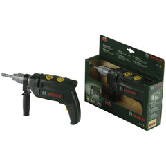 Theo Klein Bosch cordless drill in black plastic with battery pack, trigger handle, and multiple battery features on green ca