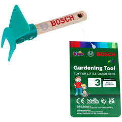 Theo Klein Bosch Garden hoe for outdoor play, featuring a green tool with a wooden handle in retail packaging.
