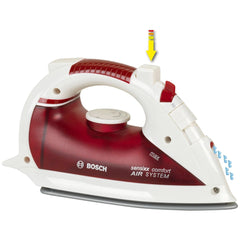 Theo Klein Bosch pretend iron in red and white, featuring multiple buttons and a yellow upward arrow for role play.