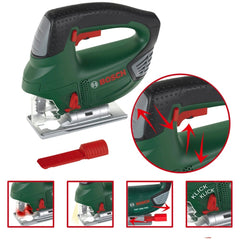 Theo Klein Bosch jigsaw in green with black grip, red blade, and silver base, featuring battery indicator and "KLICK" text.