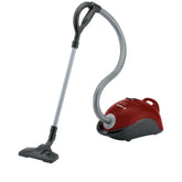 Red Bosch vacuum cleaner with gray hose, black handle, and various buttons, logo, and model number visible.