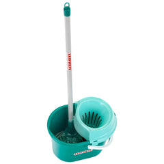 Theo Klein Leifheit mop set with green handle, white body, blue brush head, and "Lefte" text on the body.