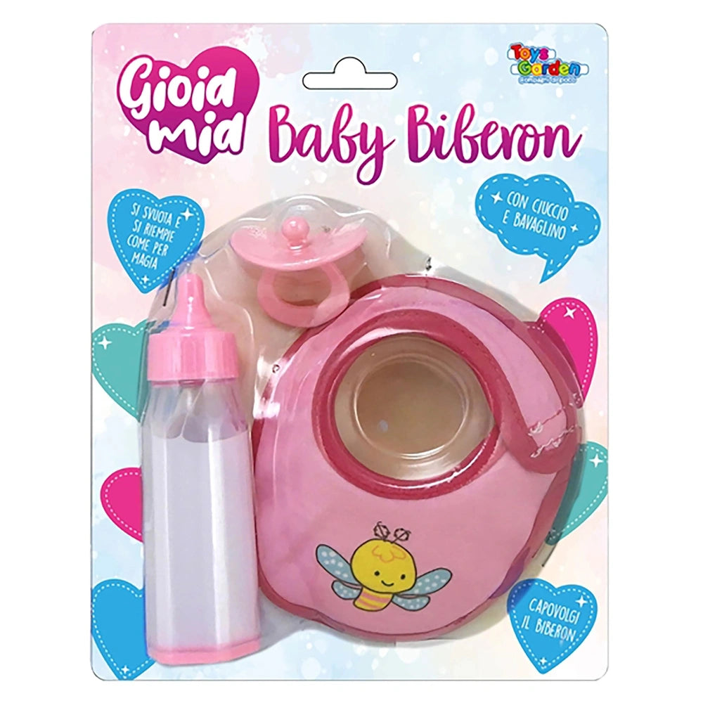 Gioia Mia Baby Biberon Magic Bottle Set features a bee-shaped teether in pastel packaging with playful hearts and stars.