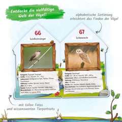 TROTSCH Knowledge Book features colorful illustrations of a small owl and sparrow with informative German text on birds.