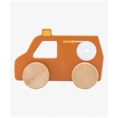 TRYCO Wooden Game Fire Brigade toy car in orange and yellow with wooden wheels, featuring a white bumper and yellow license p