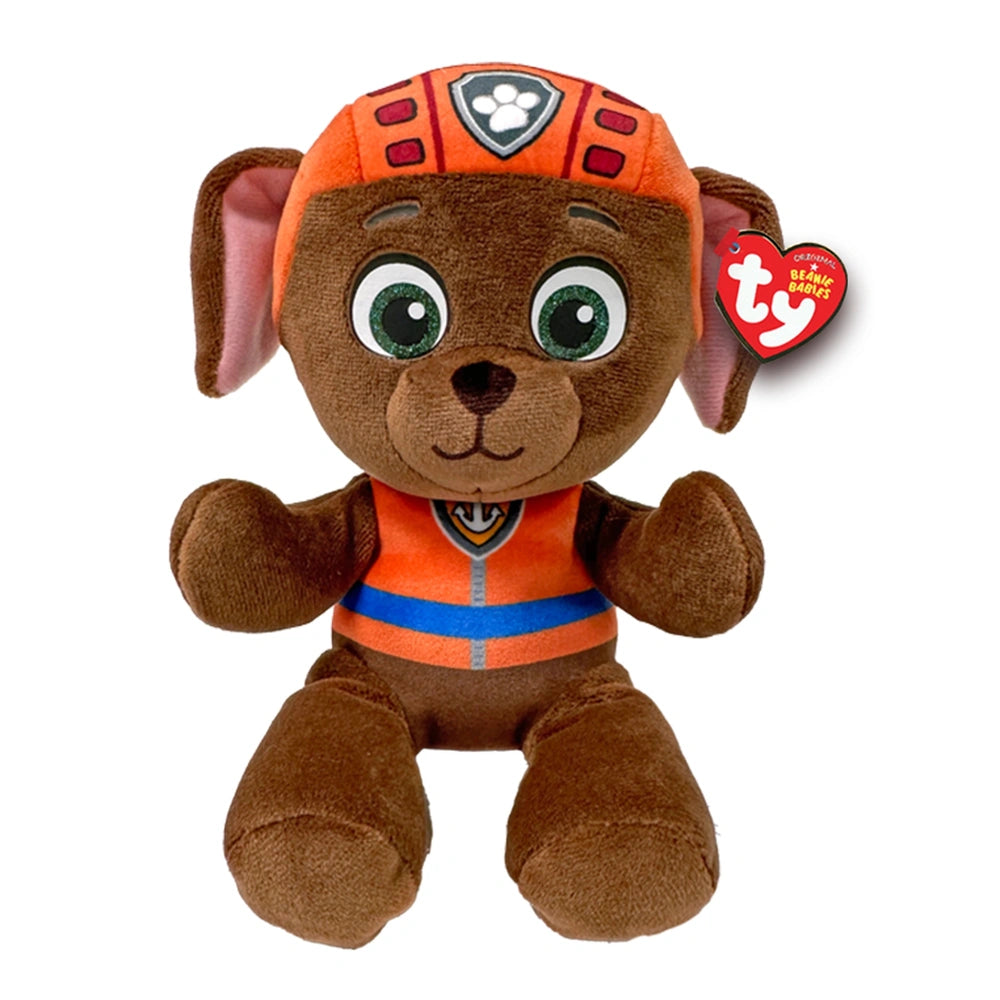 TY - Beanie Babies Zuma from PAW Patrol, plush toy with brown body, helmet, green eyes, and orange-striped shirt.