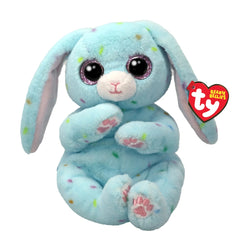 TY - Beanie Bellies Skippy blue bunny 20 cm, soft plush with light blue body, multicolored dots, large floppy ears, and gloss