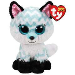 TY - Beanie Boos Atlas Aqua Fox Plush toy in white and blue, with glittery pink and black ears and large dark eyes.