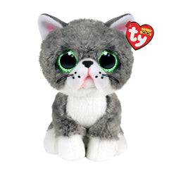 TY - Beanie Boos Fergus grey cat plush toy with large green eyes, white paws, and tag, 15 cm tall.