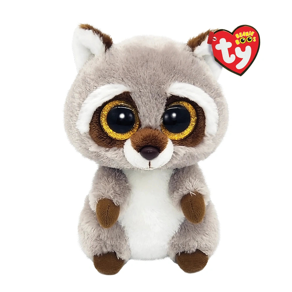 TY Beanie Boos Oakie brown raccoon plush, 15 cm, with gray body, large eyes, and sitting pose on a white background.