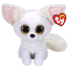 TY Beanie Boos Phoenix White Fox Plush 15 cm, white furry toy with pink-eared, large black eyes and fluffy tail on a white ba