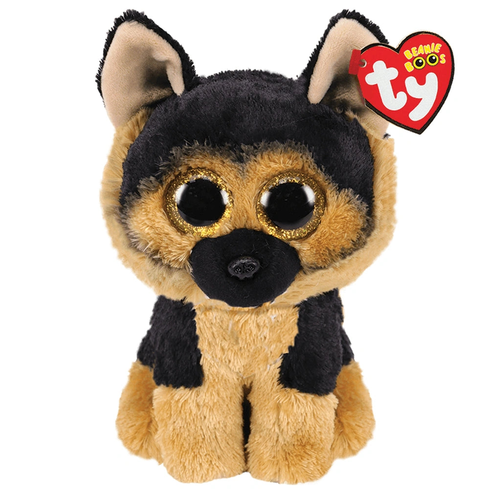 TY Beanie Boos Spirit German shepherd plush toy, 15 cm, black and brown with large eyes and heart-shaped tag.