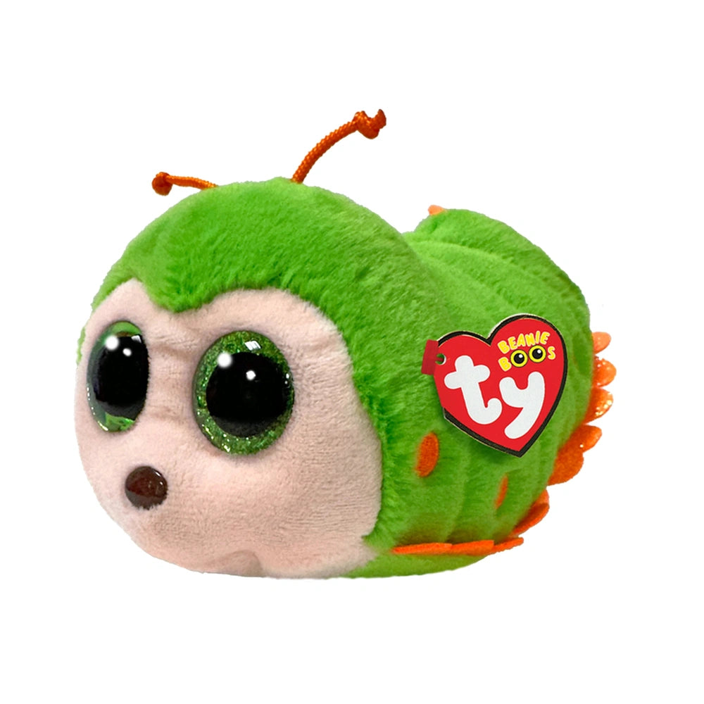 TY - Bugs Pilar green caterpillar plush toy, 15 cm, featuring vibrant colors, big eyes, and a heart-shaped tag.